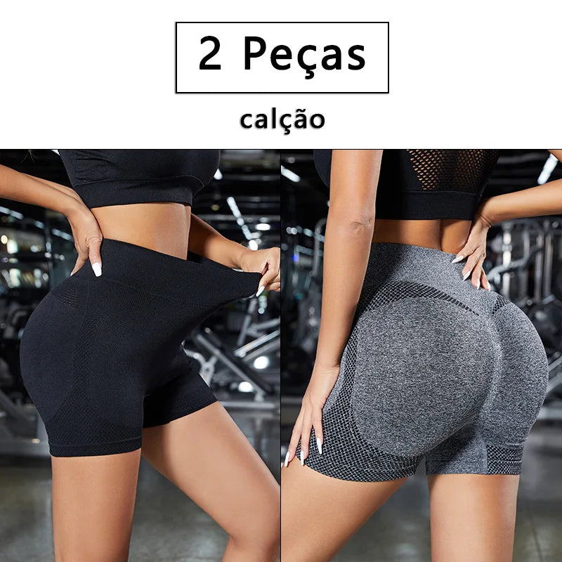 2 Peças, shorts de Ioga femininas com controle de barriga e bumbum, cintura alta, leggings para corrida, shorts de treino