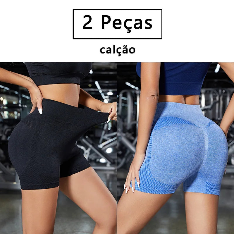 2 Peças, shorts de Ioga femininas com controle de barriga e bumbum, cintura alta, leggings para corrida, shorts de treino